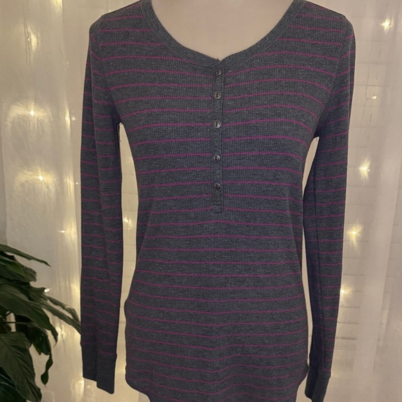 Eddie Bauer Tops - Eddie Bauer Charcoal and Magenta Striped Long Sleeve Tee